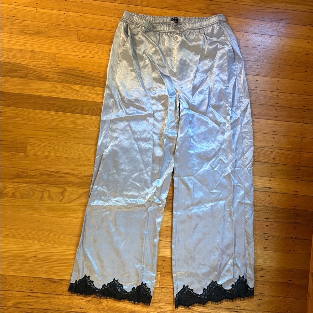 J Crew Silver Satin Pants with Black Lace Trim